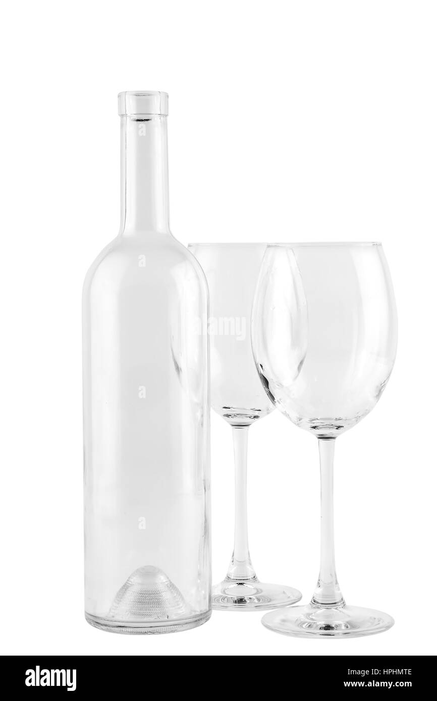 Isolierte transparente Flasche und Gläser auf weißem Hintergrund Stockfoto