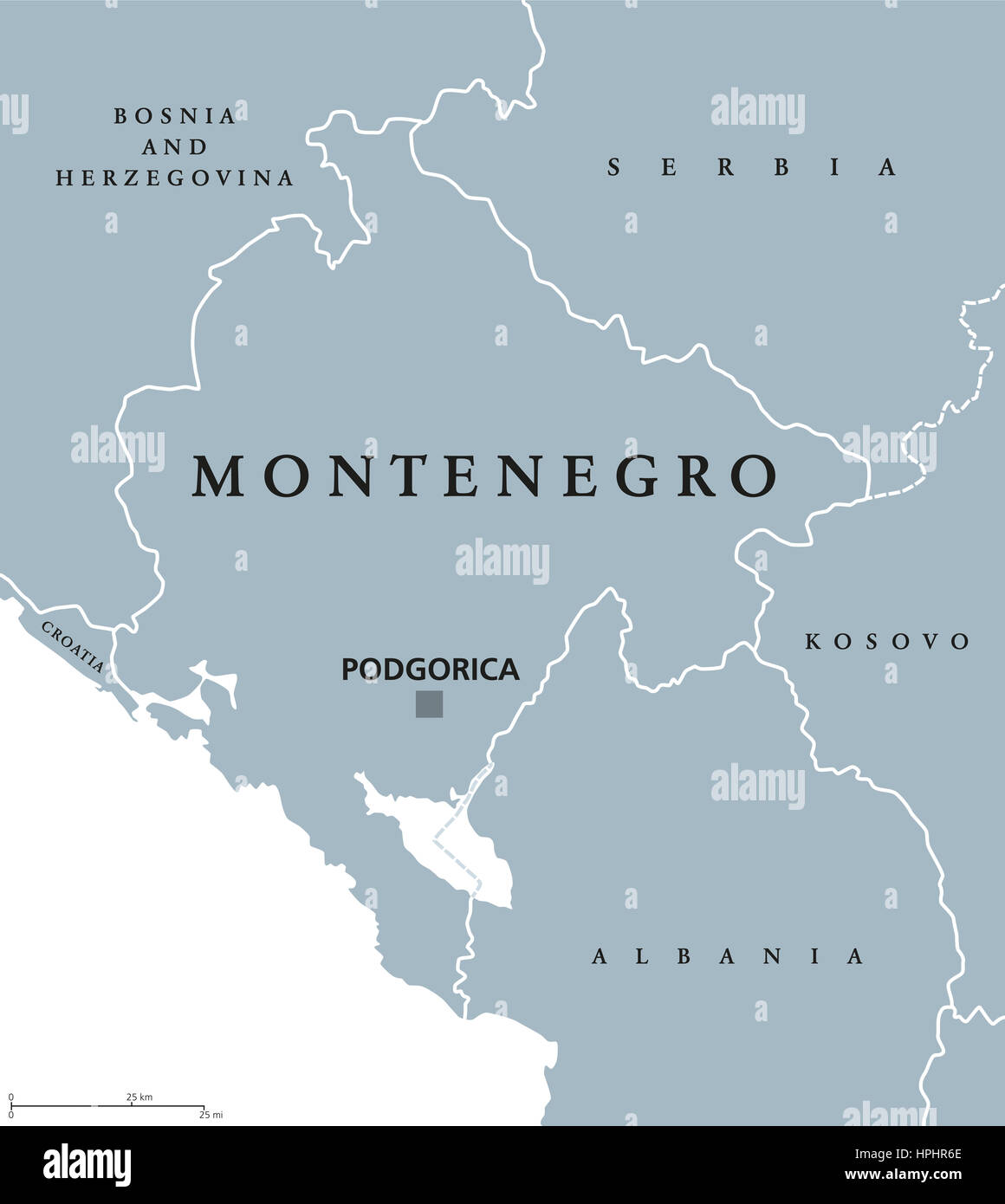 Montenegro Landkarte mit Hauptstadt Podgorica und Nachbarländern. Souveräner Staat in Südosteuropa auf der Balkanhalbinsel. Stockfoto