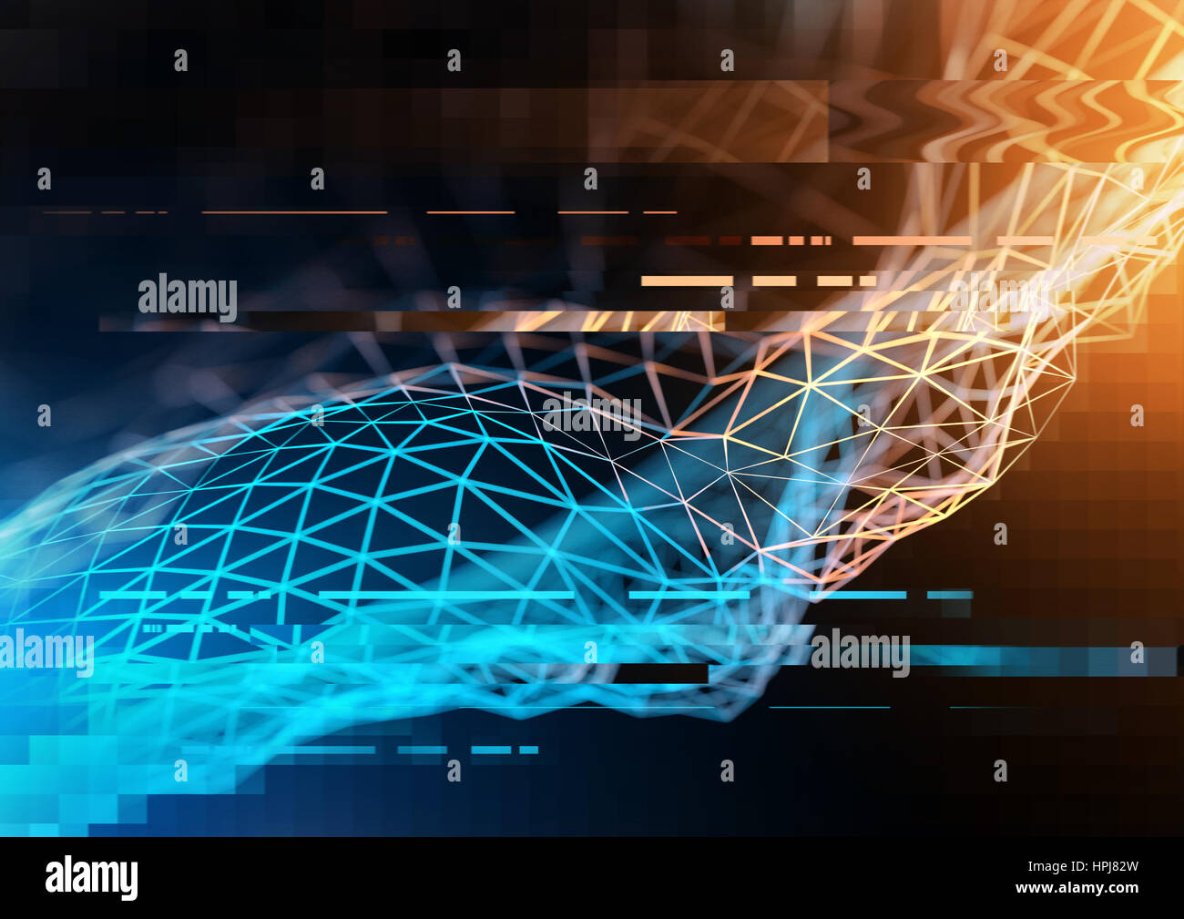 Komplexe Technologie-Netzwerk-Konzept mit großen Daten und Informationen in Polygone visualisiert. 3D Illustration Stockfoto