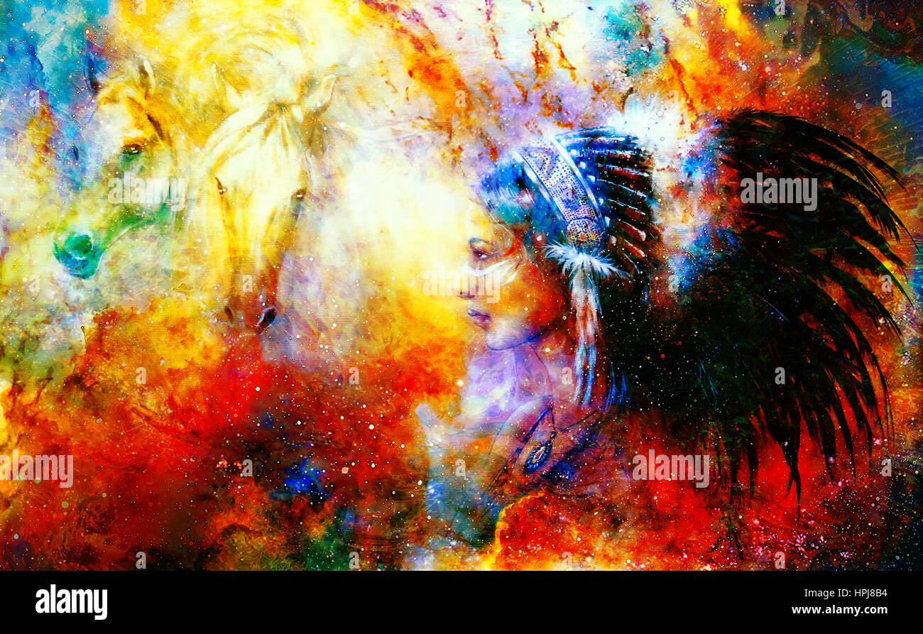 junge einheimische indische Frau trägt einen wunderschöne Feder Kopfschmuck, mit zwei Pferd und kosmischen Raum Hintergrund Stockfoto