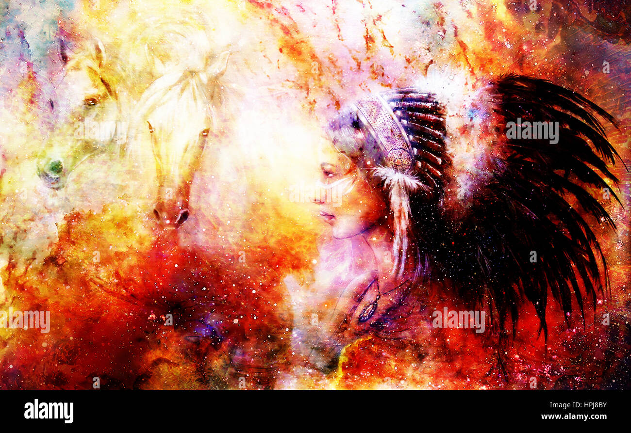 junge einheimische indische Frau trägt einen wunderschöne Feder Kopfschmuck, mit zwei Pferd und kosmischen Raum Hintergrund Stockfoto
