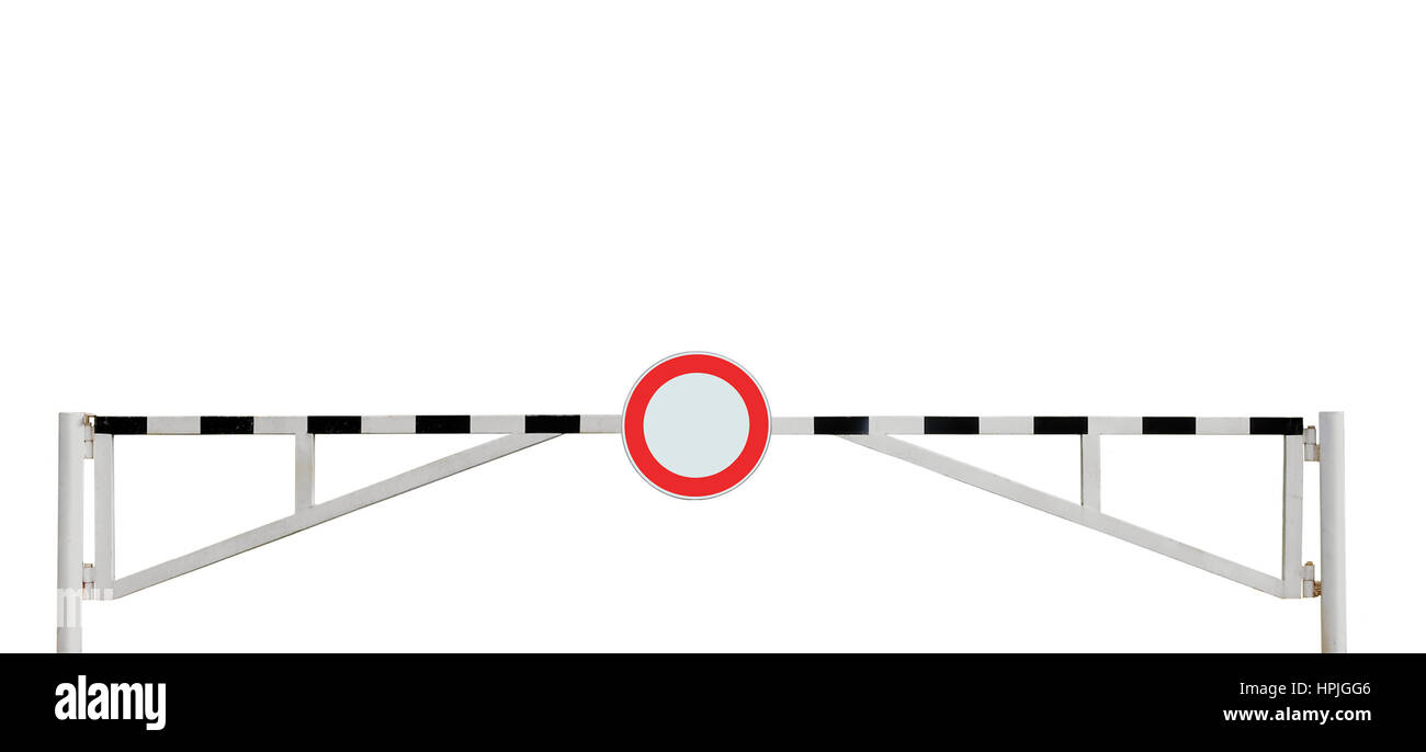 Grunge im Alter von verwitterten Straße Schranke und keine Fahrzeuge Eintrag Straßenschild, isolierten horizontalen Closeup Stockfoto