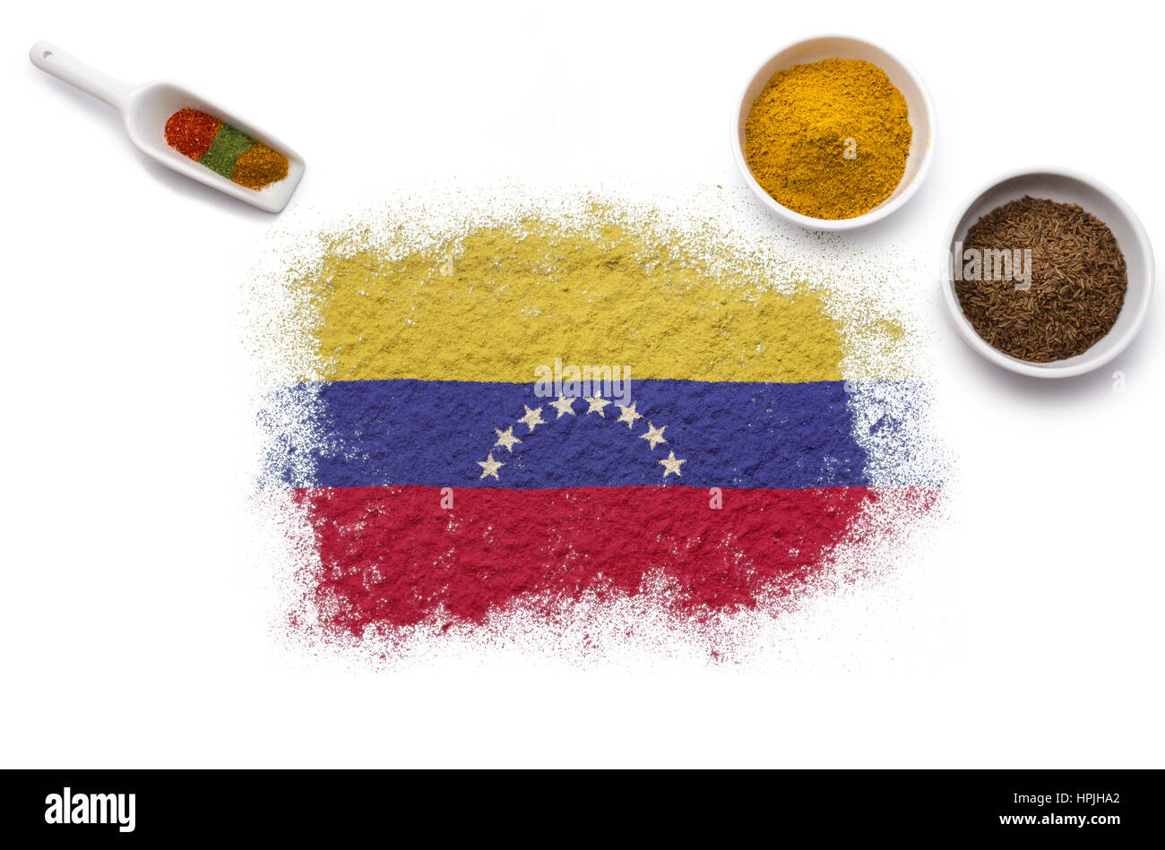 Verschiedene Gewürze bilden die Flagge Venezuelas. (Serie) Stockfoto