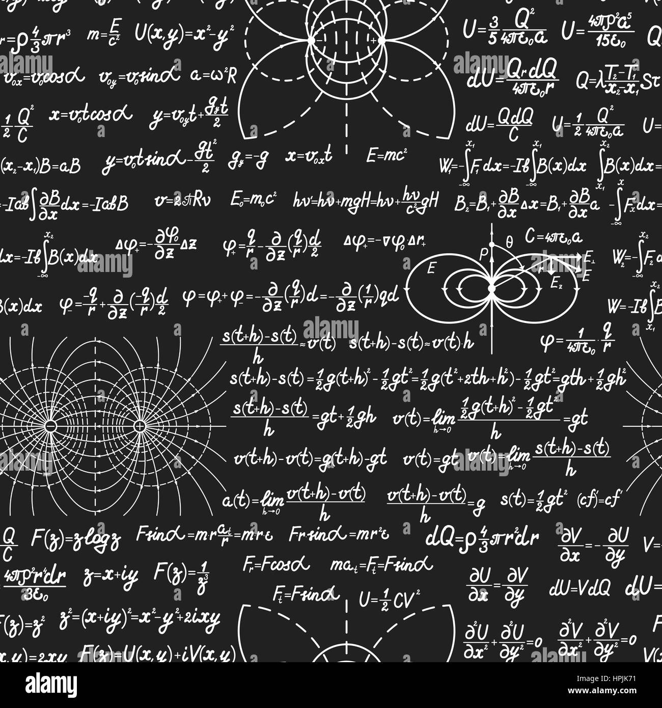 Physische Vektor Musterdesign mit Formeln, Gleichungen und Figuren, handgeschrieben auf einer Tafel nahtloses design Stock Vektor