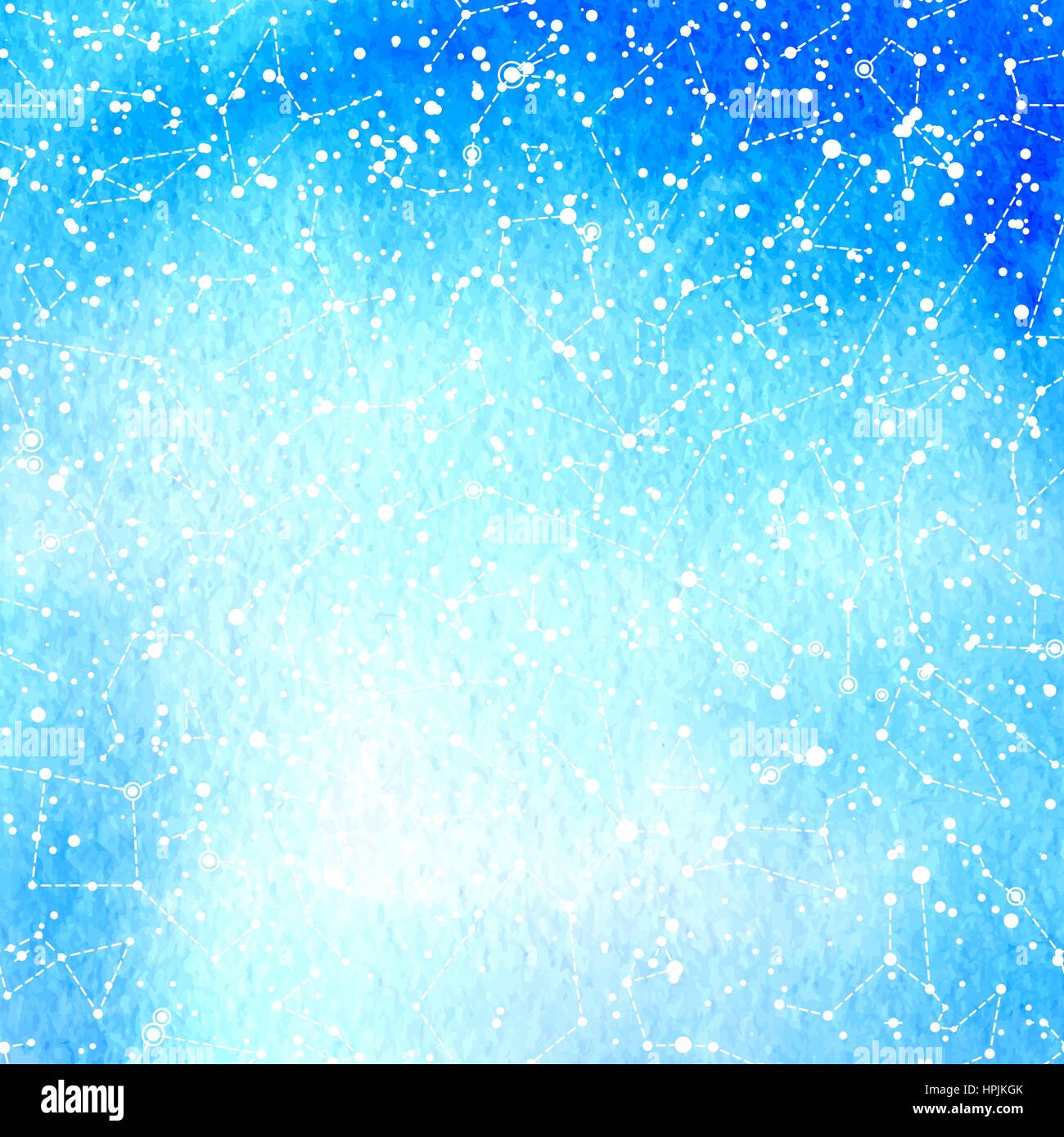 Leichte blaue astronomische Vektormuster mit Konstellationen auf der Seite gezeichnet Aquarellpapier Korn strukturiertem Hintergrund Stock Vektor