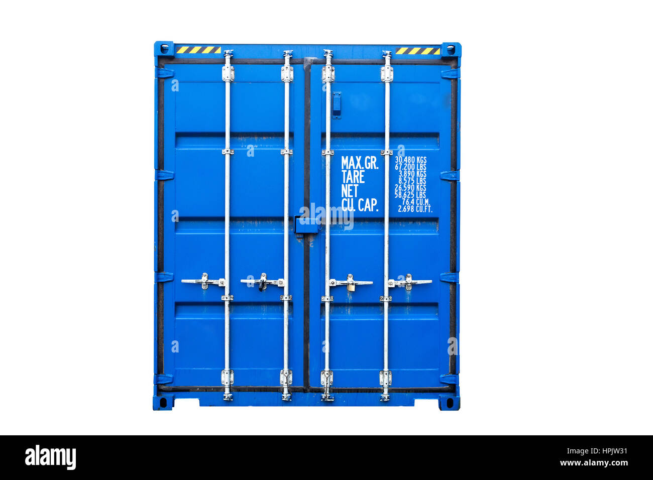 Blaue Transportbehälter isoliert auf weißem Hintergrund mit Grenzen Stockfoto