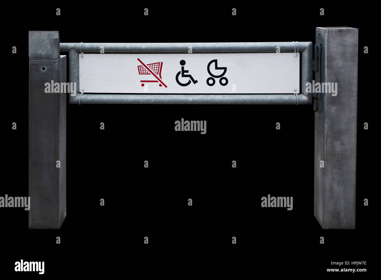 Shop-Ausgang für körperlich behinderte Personen und Kinderwagen isoliert auf schwarz Stockfoto