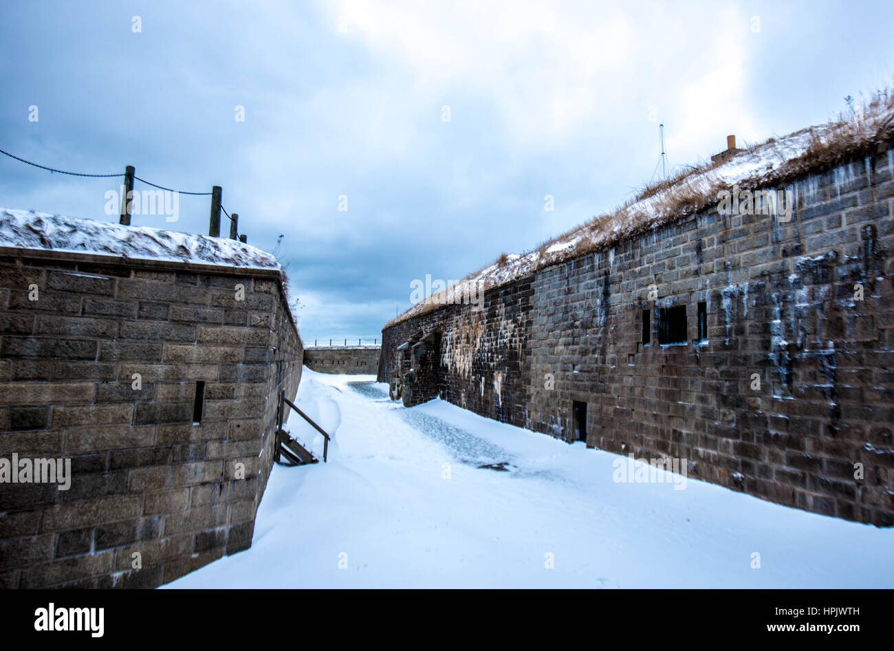 Halifax Stadtzentrum von alten historischen Burg Festung Wand Zitadelle Grenzstein in Nova Scotia Winterschnee Stockfoto