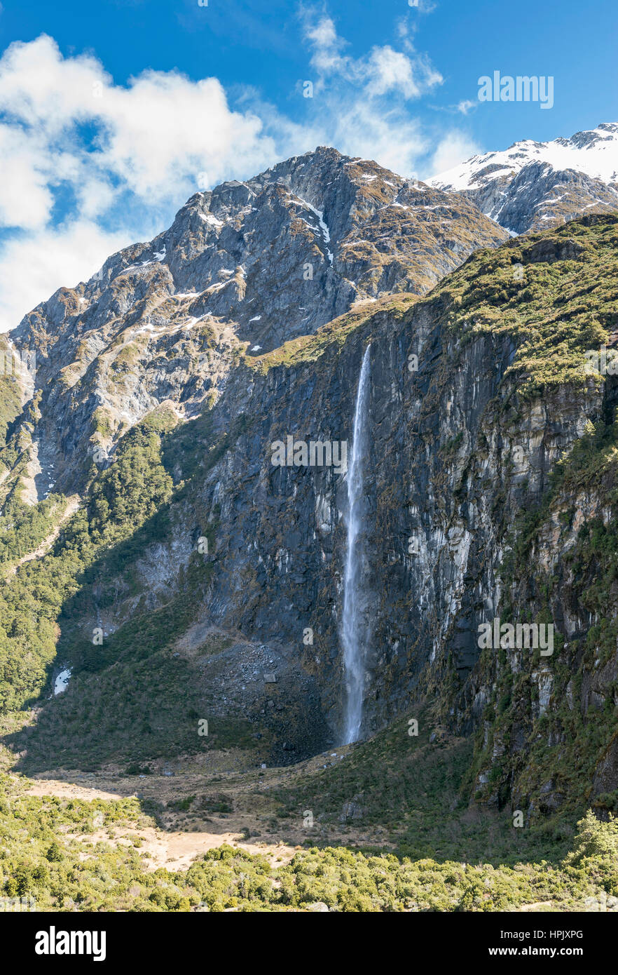 Wasserfall, Rob Roy Gletscher, Mount Aspiring National Park, Otago, Southland, Neuseeland Stockfoto