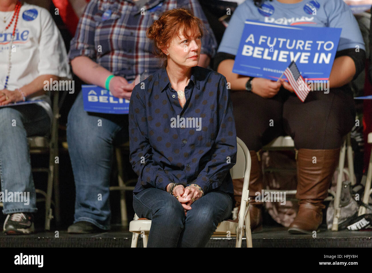Schauspielerin Susan Sarandon Kampagnen mit Vermont Senator Bernie Sanders für die Iowa demokratische Präsidentschaftswahlen Caucus in 2016. Stockfoto