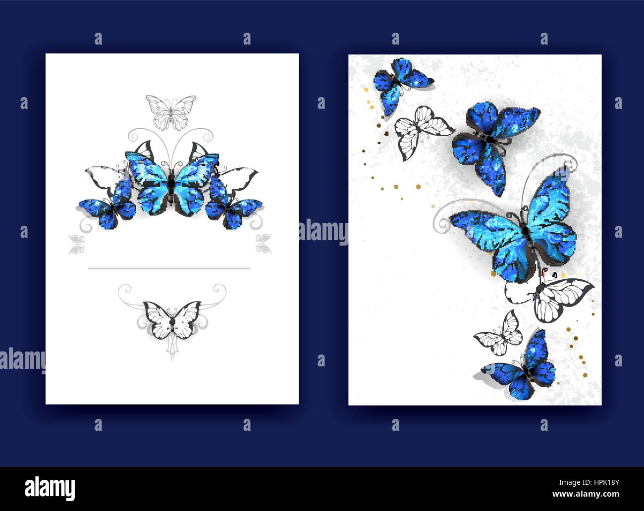Design Broschüre mit blauer Schmetterlinge Morpho auf weißem Hintergrund. Morpho. Design mit blauer Schmetterlinge Morpho. Stock Vektor