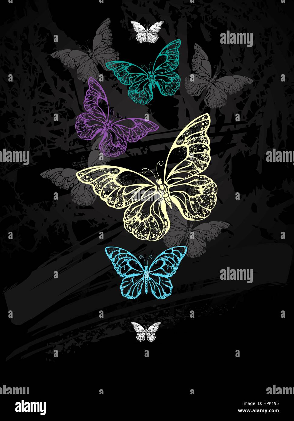 Herde von bunten Schmetterlingen Morpho auf schwarze Tafel mit Kreide gezeichnet. Design mit Schmetterlingen. Zeichnung mit Kreide. Schmetterling Morpho. Stock Vektor