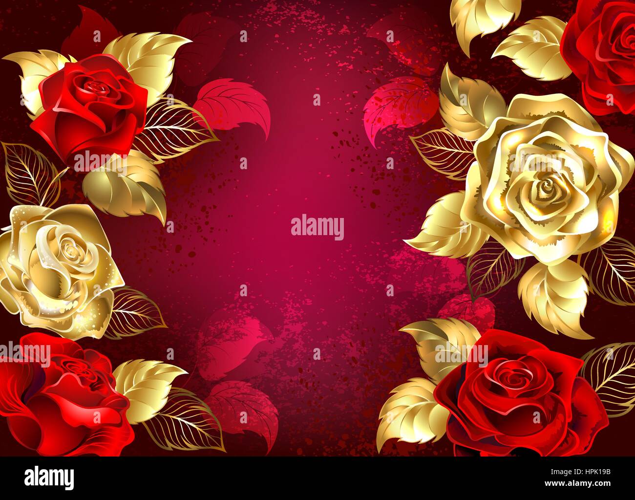 Roten strukturierten Hintergrund mit Schmuck, Gold und rot Rosen. Design mit Rosen Stock Vektor