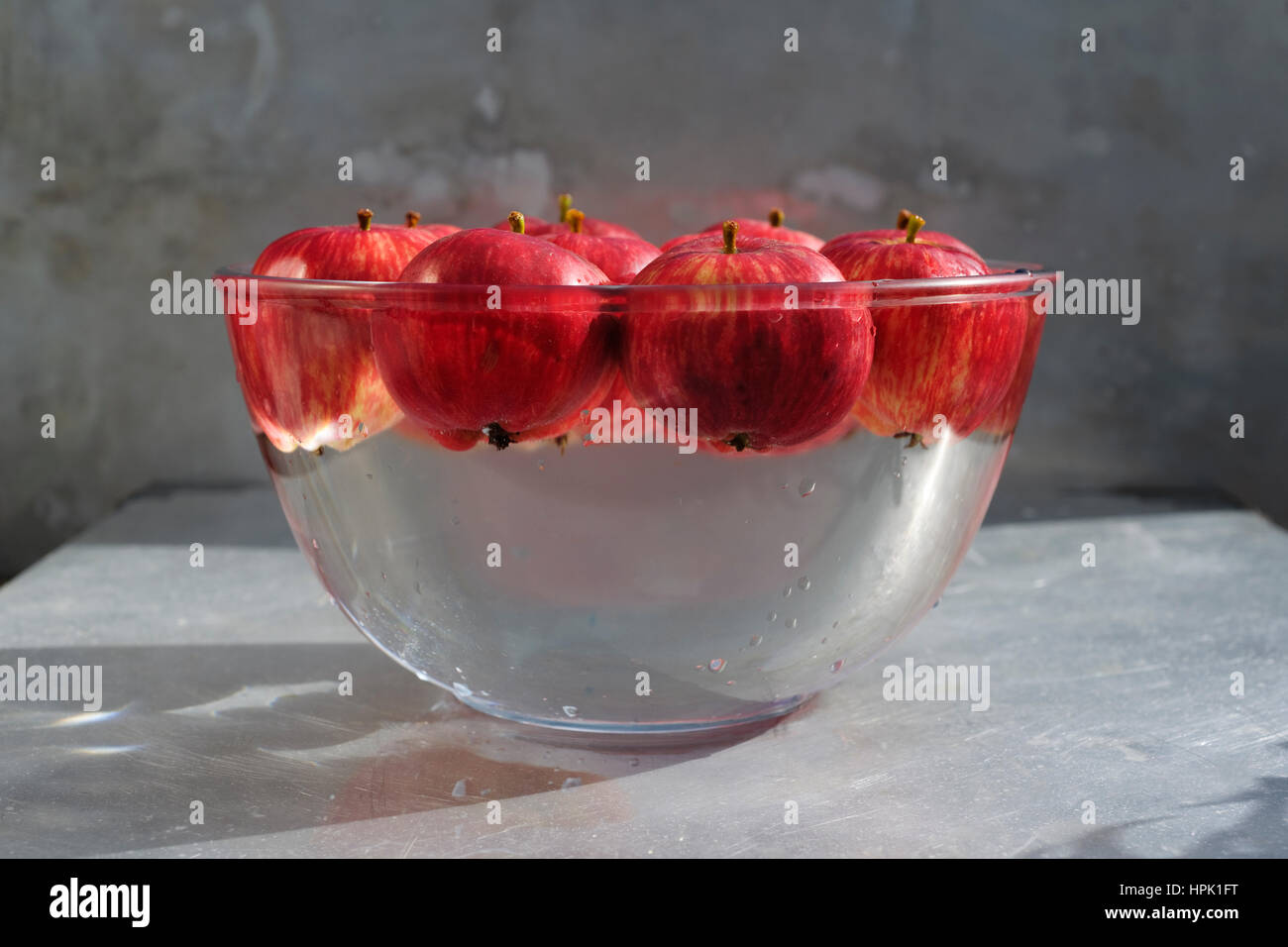 Ducking für Äpfel. Gelber Kunststoff Ente genießen einen guten Spritzer über in eine Schüssel mit Wasser und rote Äpfel. Stockfoto