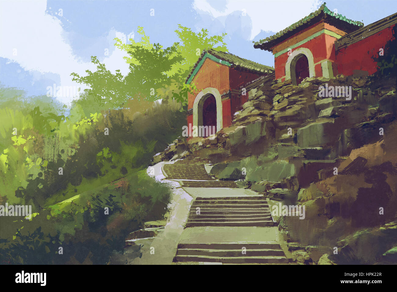 schöne Landschaft der Steintreppe, die alten Gebäude auf dem Hügel, Illustration, Malerei Stockfoto