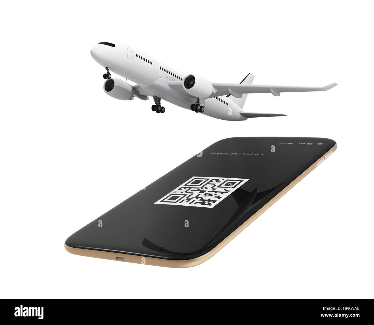 Passagierflugzeug vom Smartphone. Mobilen Fluggesellschaften check-in-Konzept. 3D-Rendering Bild. Stockfoto
