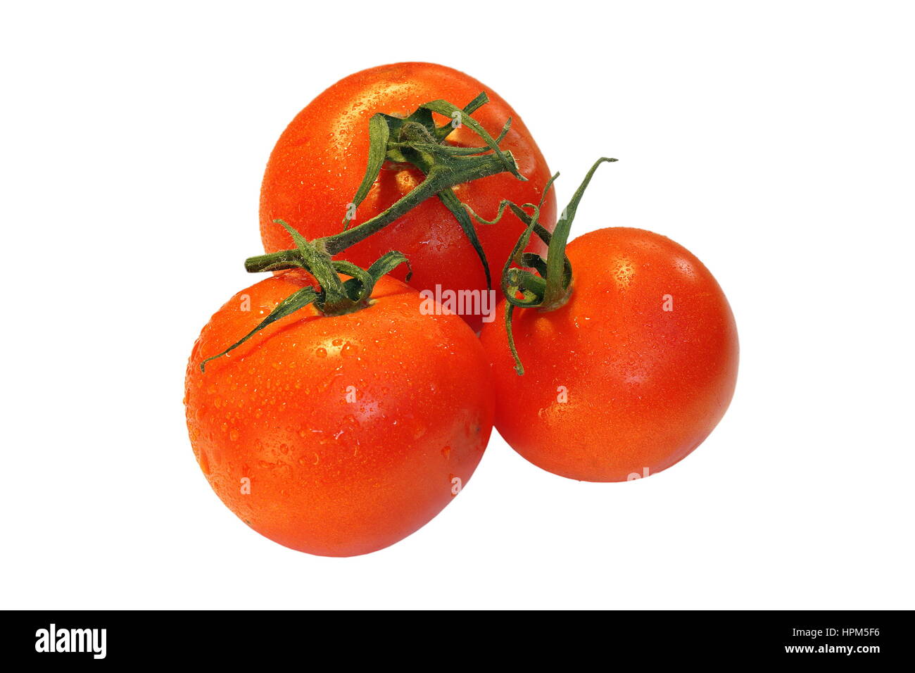 drei frische Tomaten isoliert auf weißem Hintergrund Stockfoto