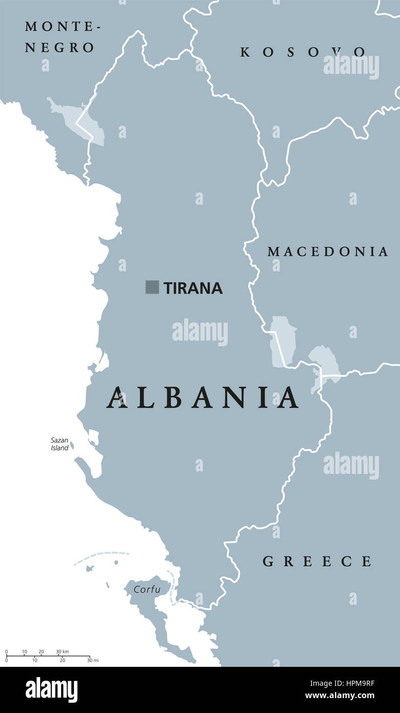 Albanien Landkarte mit Hauptstadt Tirana, nationale Grenzen und Nachbarländern. Republik und souveränen Staat in Südosteuropa. Stockfoto