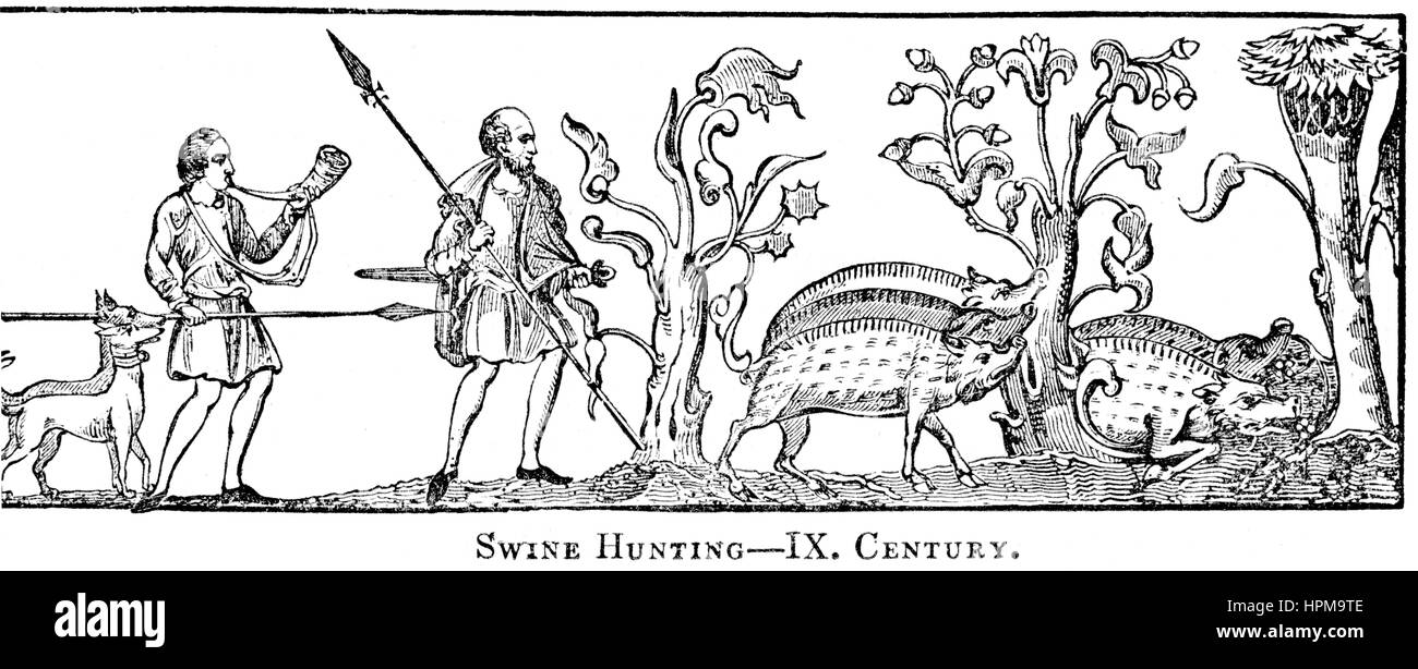 Zur Veranschaulichung der Schweine Jagd im 9. Jahrhundert in hoher Auflösung aus einem Buch gescannt gedruckt im Jahre 1831. Dieses Bild wird geglaubt, um frei von allen h sein Stockfoto