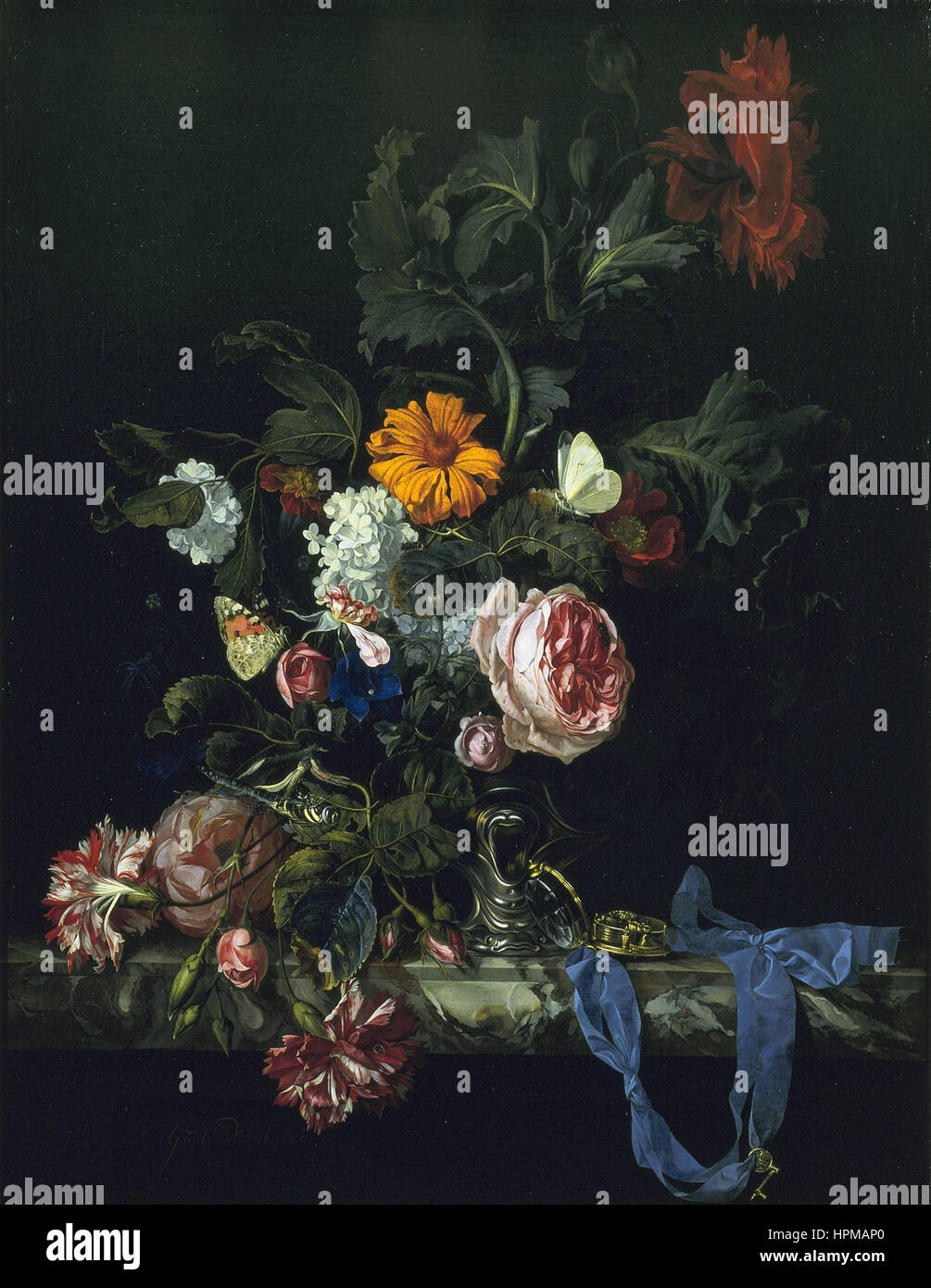 Willem van Aelst Blumenstilleben mit einer Uhr Stockfoto