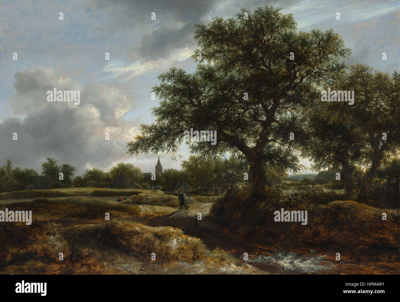 Jacob van Ruisdael - Landschaft mit einem Dorf in der Ferne Stockfoto