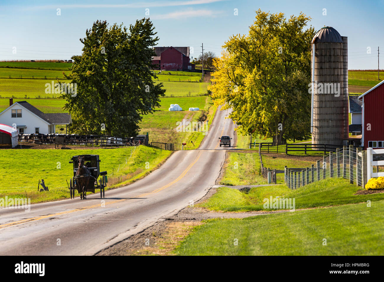 Amische Pferd und Buggys auf den Straßen in der Nähe von Mt. Eaton, Ohio, USA. Stockfoto