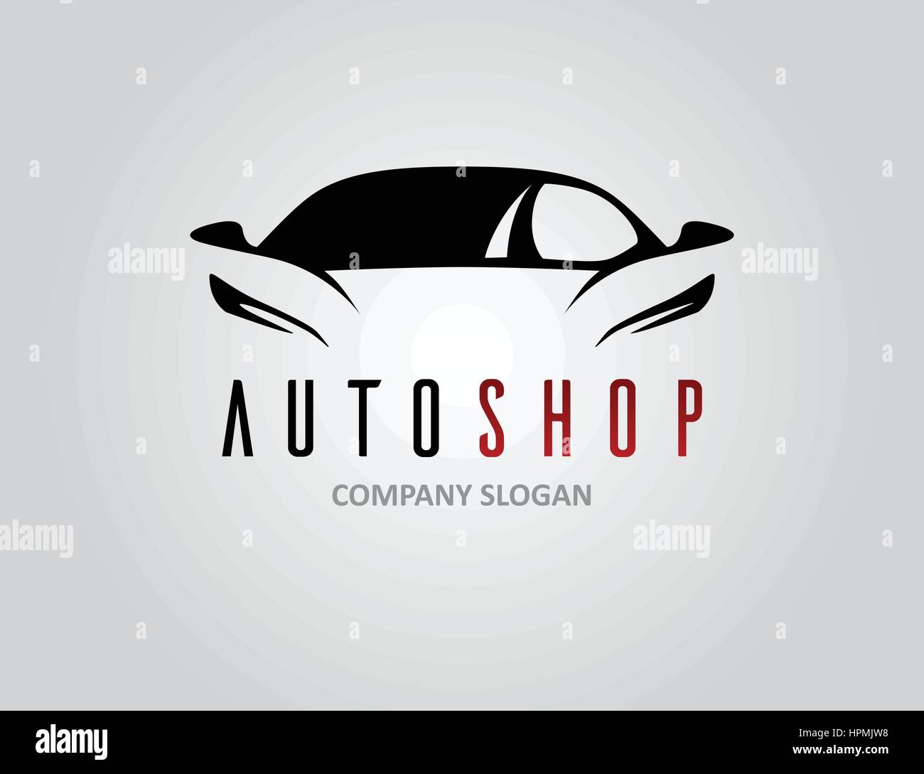 Auto Shop Auto Logo-Design mit Konzept Sport Fahrzeug Symbol Silhouette auf grauem Hintergrund. Vektor-Illustration. Stock Vektor
