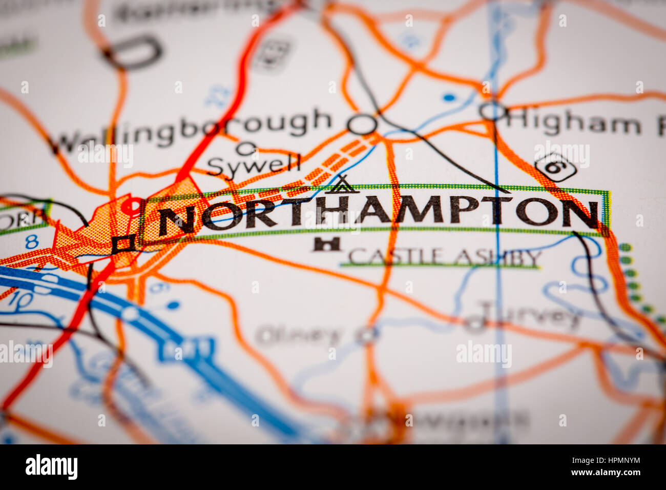 Karte-Fotografie: Northampton Stadt auf einer Straßenkarte Stockfoto