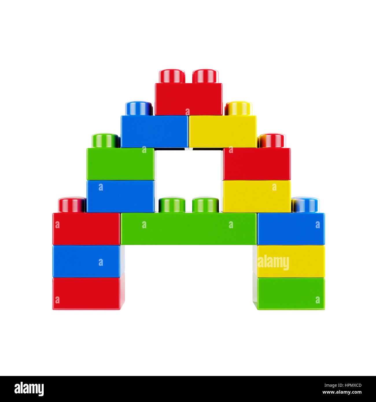 Buchstabe A Kunststoff Schriftart Alphabet-Zeichen gemacht von Spielzeug Bau Backstein-Blöcke. Isoliert auf weißem Hintergrund Stockfoto
