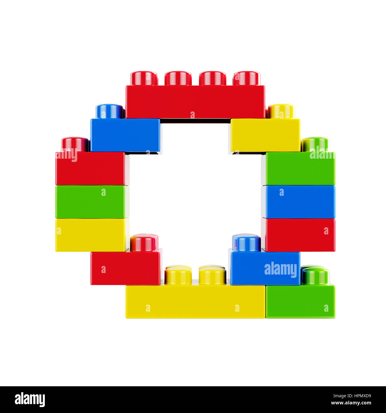 Buchstabe Q Kunststoff Alphabet Schriftzeichen gemacht von Spielzeug Bau Backstein-Blöcke. Isoliert auf weißem Hintergrund Stockfoto