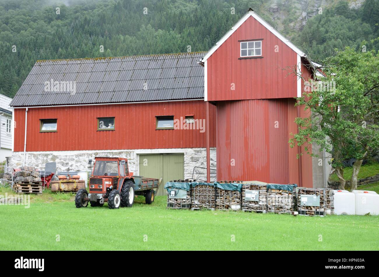 Eidfjord, Norwegen - 29. Juli 2016: Typische kleine Norwegisch Farm am Fuße der Hügel Stockfoto