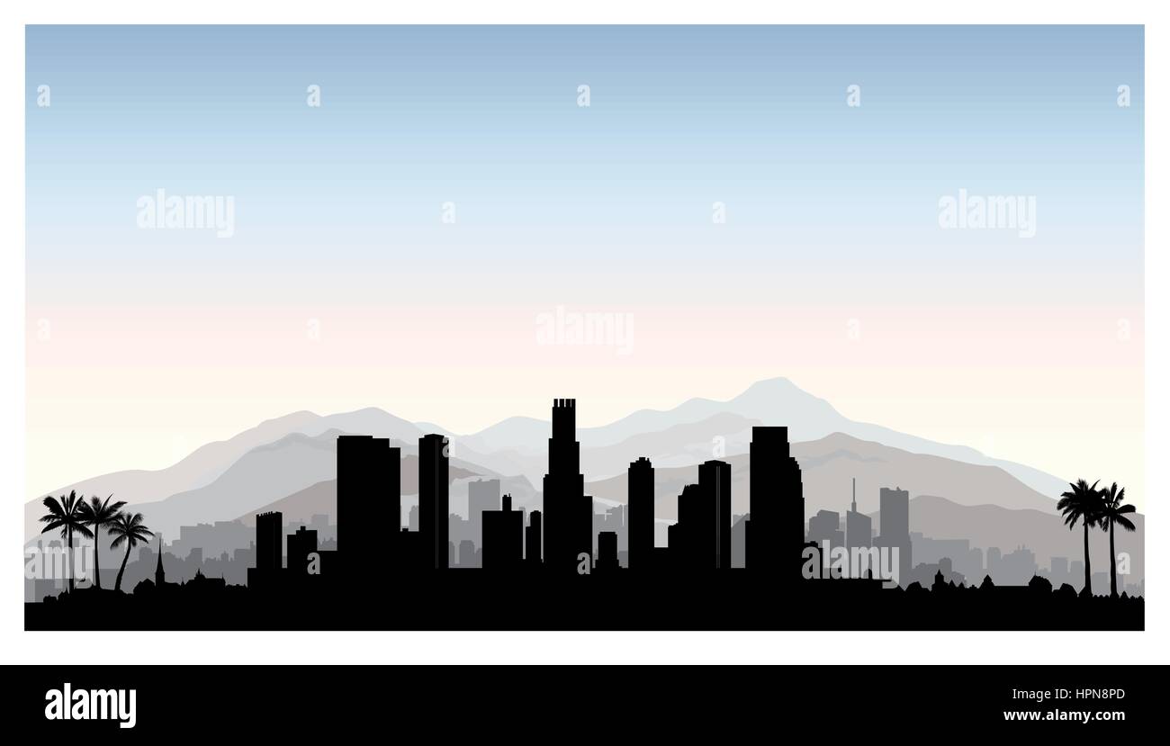 Los Angeles, USA Skyline. Stadt Silhouette mit Wolkenkratzer, Gebäude, Berge und Palmen. Stadtbild mit berühmten amerikanischen Wahrzeichen. urban Arachiten Stock Vektor