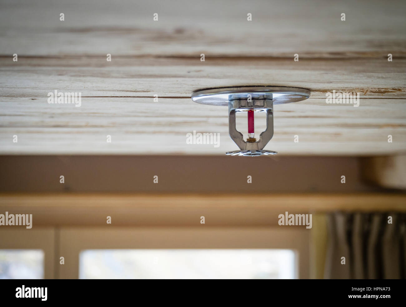 Sprinkleranlage installiert auf einer brennbaren Holzdecke eines Holzhauses / Kabine Stockfoto