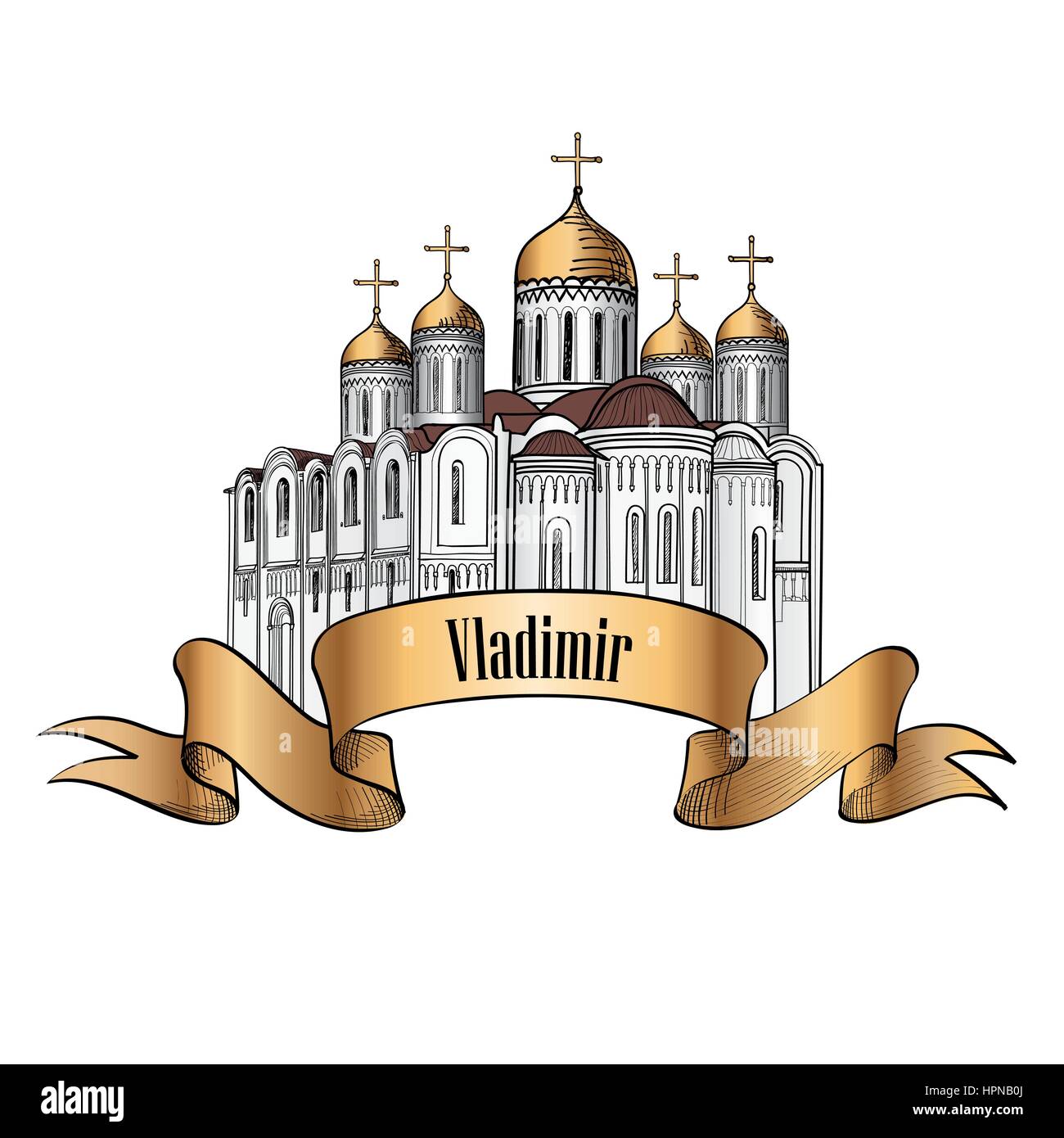 Uspenski-Kathedrale in Vladimir. Alte russische Stadt Symbol. Reise Russland-Icon. Kathedrale von Hand gezeichnete Skizze. Stock Vektor