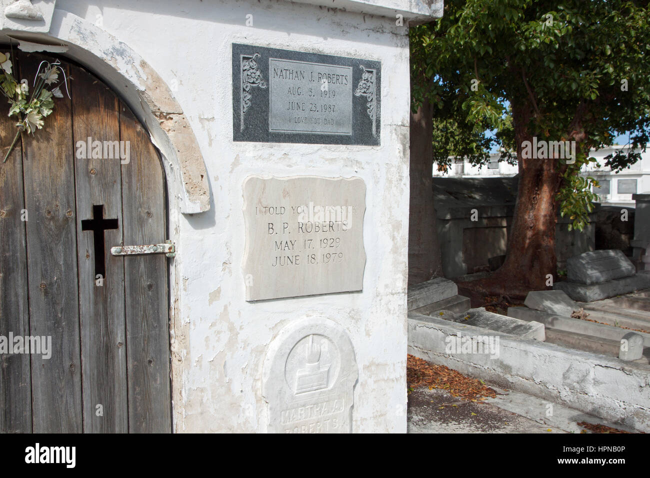 Humoristische Inschrift auf einem Grabstein auf dem historischen Friedhof von Key West, Florida. Stockfoto