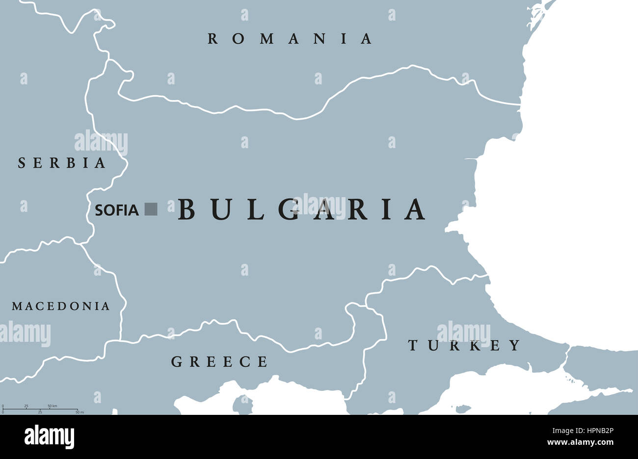 Politische Landkarte Bulgariens Hauptstadt Sofia, nationale Grenzen und Nachbarländern. Republik und Land in Südosteuropa. Stockfoto