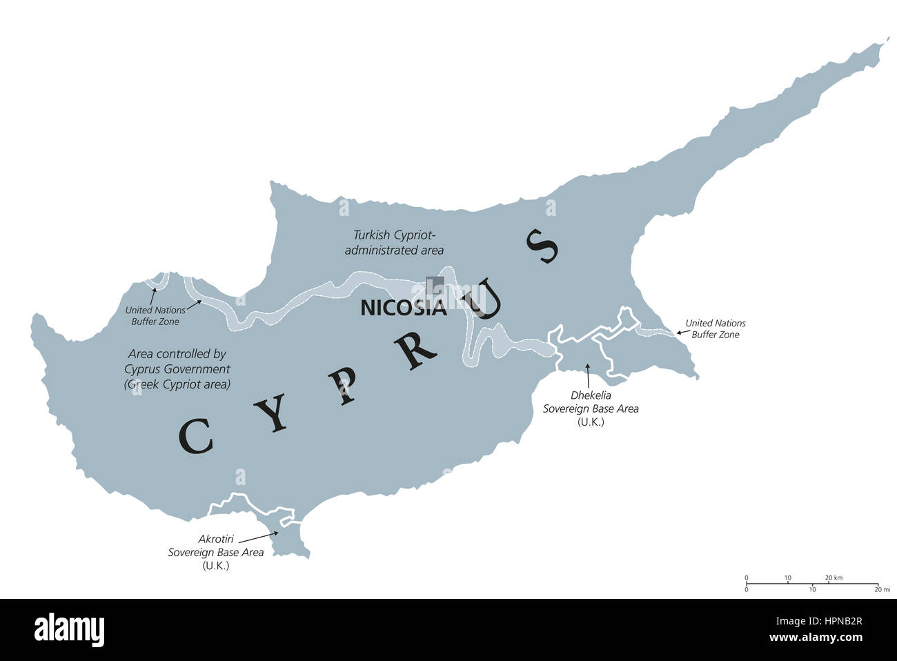 Zypern politische Karte mit Hauptstadt Nikosia. Republik und Insel Land im östlichen Mittelmeerraum. Zypern und der Türkei verwaltet Bereich. Stockfoto