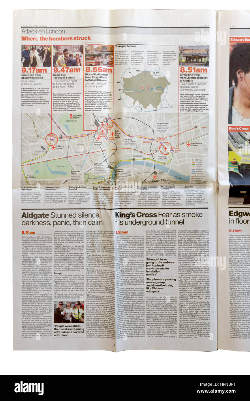 Eine Seite aus der Zeitung The Guardian mit Informationen zur 7. Juli 2005 Bombenattentate in der Londoner U-Bahn Stockfoto