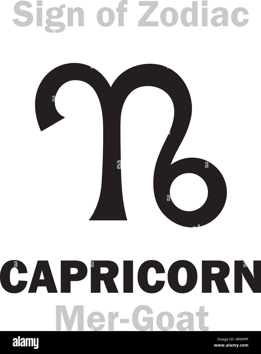Astrologie-Alphabet: Zeichen der Tierkreiszeichen Steinbock (die Mer-Ziege). Hieroglyphen Charakter Zeichen (einzelnes Symbol). Stock Vektor