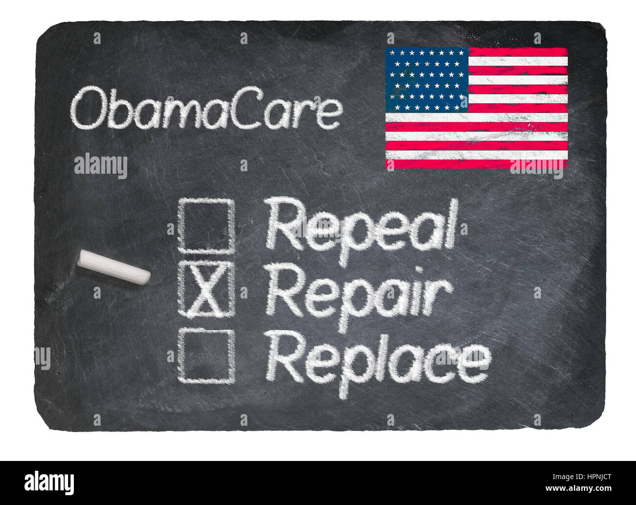 Obamacare Gesundheit Planauswahl der Reparatur auf einem kalkhaltigen natürlichen Schiefer Tafel mit Kreide geschrieben Stockfoto