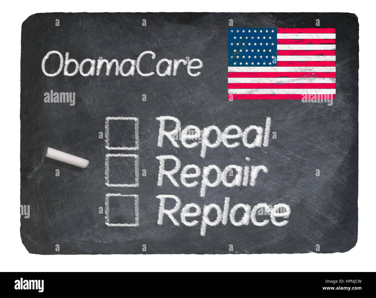 Obamacare Gesundheit Planauswahl der Reparatur geschrieben mit Kreide auf einer kalkhaltigen natürlichen Schiefer Tafel auf weißen Hintergrund isoliert Stockfoto