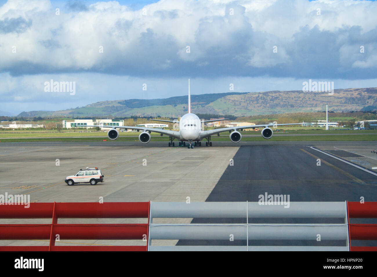 Emirates A380 am Flughafen Glasgow Stockfoto