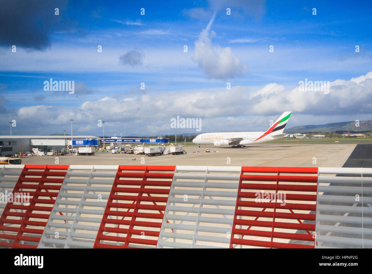 Emirates A380 am Flughafen Glasgow Stockfoto