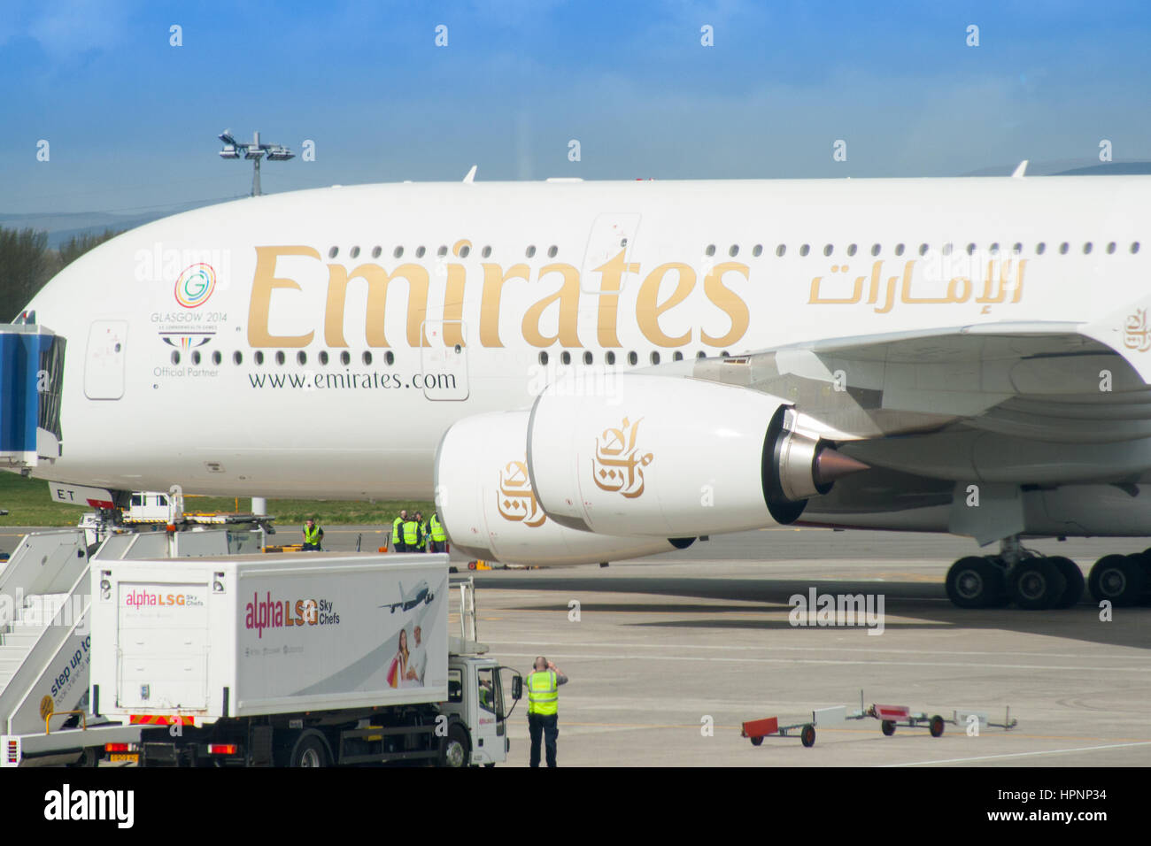 Emirates A380 am Flughafen Glasgow Stockfoto