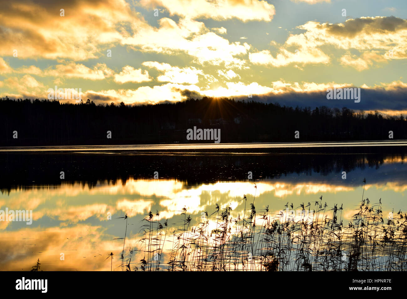 Sonnenaufgang auf dem See. Stockfoto