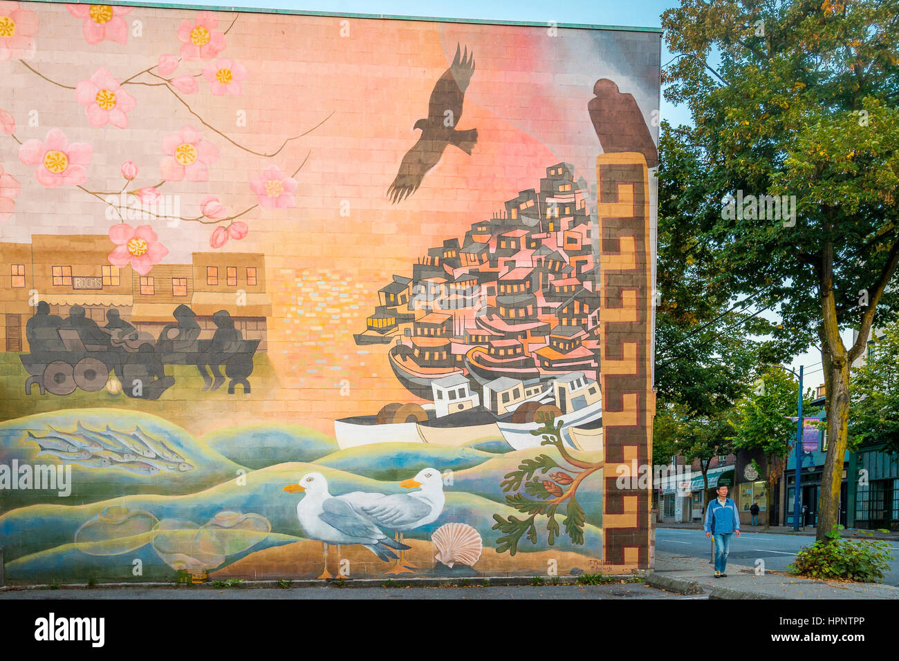 Wandbild mit dem Titel "Gemeinschaft feiern", Powell Street, DTES, Vancouver, Britisch-Kolumbien, Kanada Stockfoto