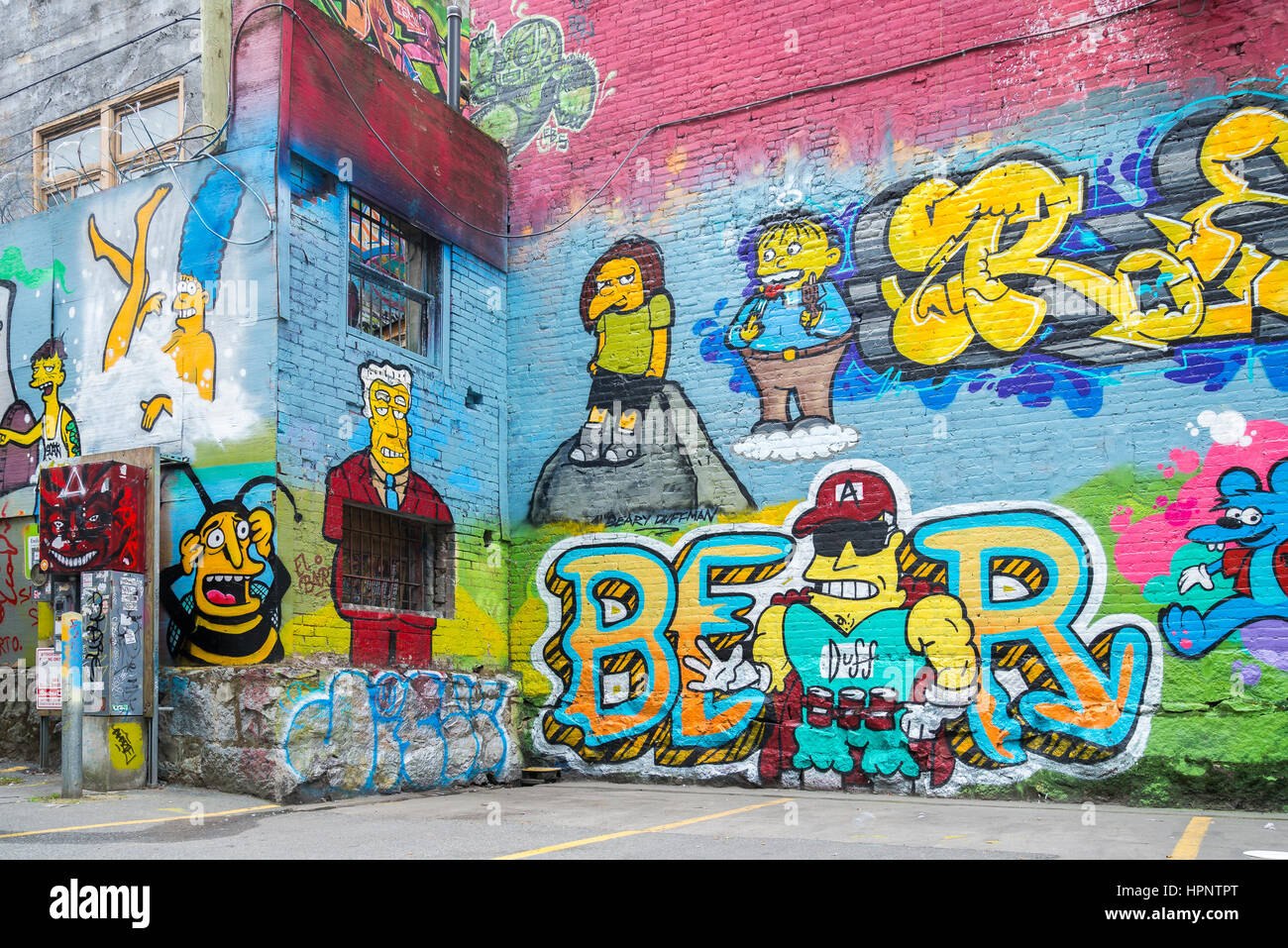 Simpsons themed Graffiti style Wandbild, da entfernt, DTES, Vancouver, Britsih Columbia, Kanada Stockfoto
