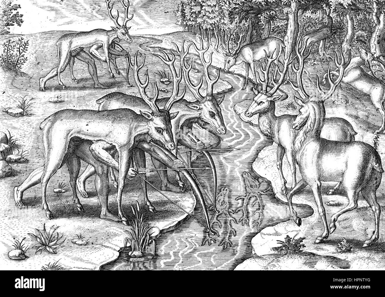 JOHANN THEODOR de BRY (1561-1623), deutscher Verleger und Kupferstecher. Seine Holzstich zeigt Indianer jagen versteckt in Tierhäuten Stockfoto