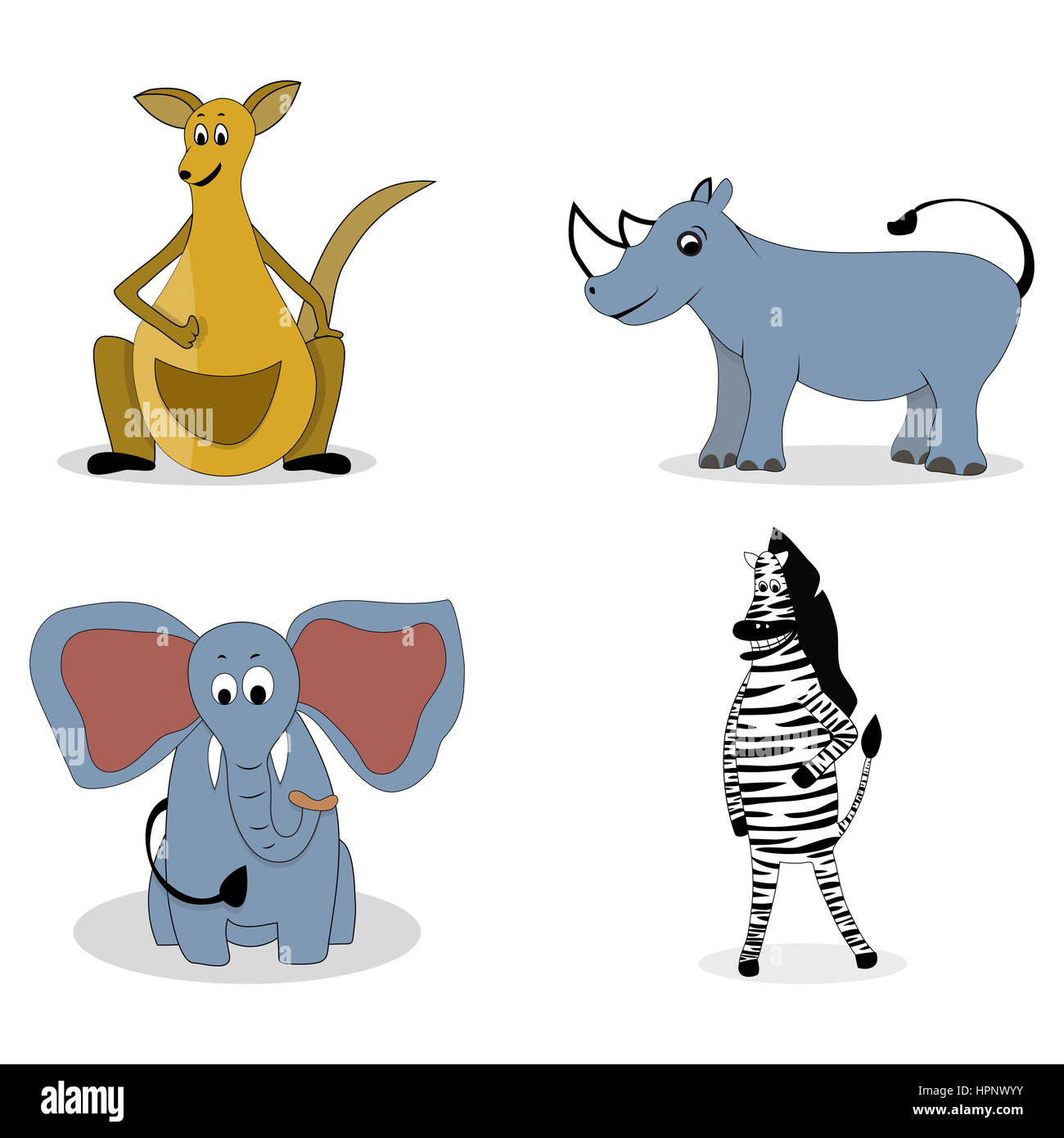 Vektor-Zeichen-Fleischfresser. Kängurus und Nashörner, Zebras und Elefanten illustration Stockfoto