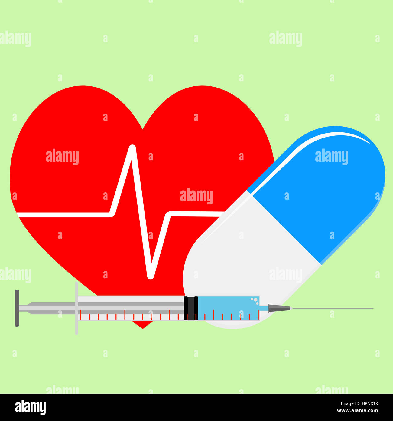 Behandlung von Herzrhythmusstörungen. Hilfe für Herz, Spritze mit Adrenalin-Injektion, Vektor-illustration Stockfoto